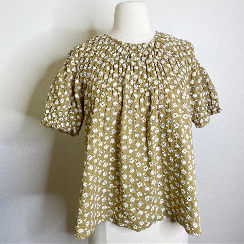 Madewell Green Eyelet Floral Puff Sleeve White Embroidered Flowers Size …